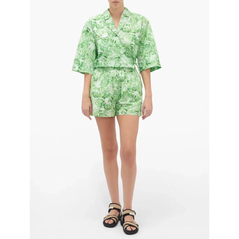 Ganni Printed Cotton Poplin Shorts in Island Green size 38